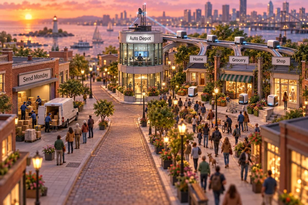 Two parallel streets run through a tiny downtown: on the left, a handful of postal workers hand-load one van at a loading dock beneath a sign reading "Send Monday," while a queue o