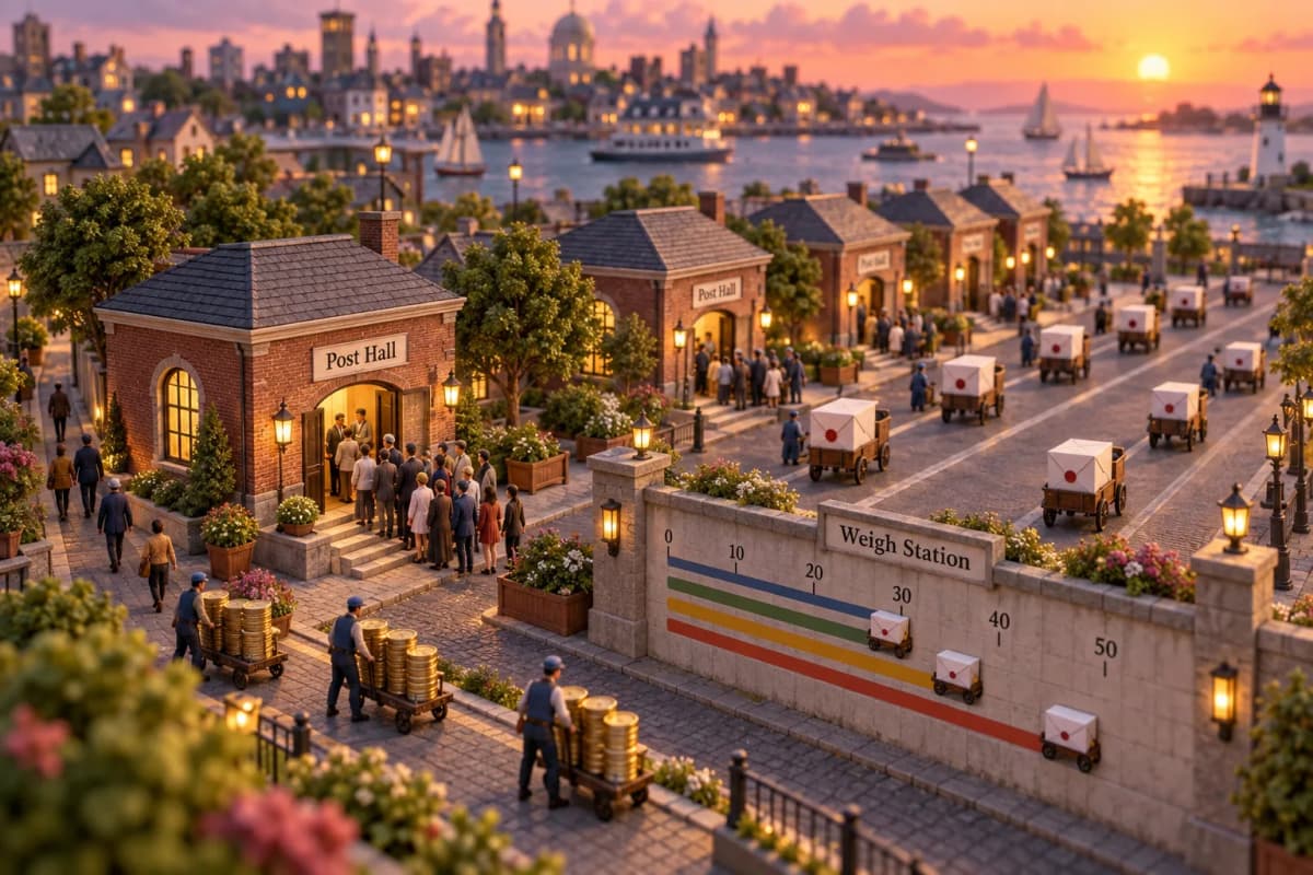 A tiny civic plaza where a row of identical brick mail halls each send a convoy of envelope-topped delivery carts down parallel streets, and a painted measuring wall beside the cur